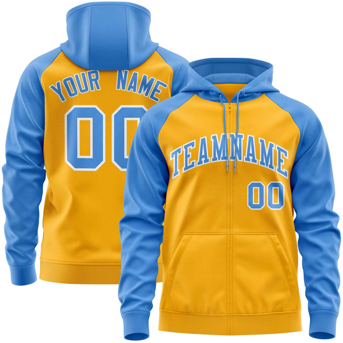 Custom Stitched Gold Powder Blue Raglan Sleeves Sports Full-Zip Sweatshirt Hoodie| KXKSHOP