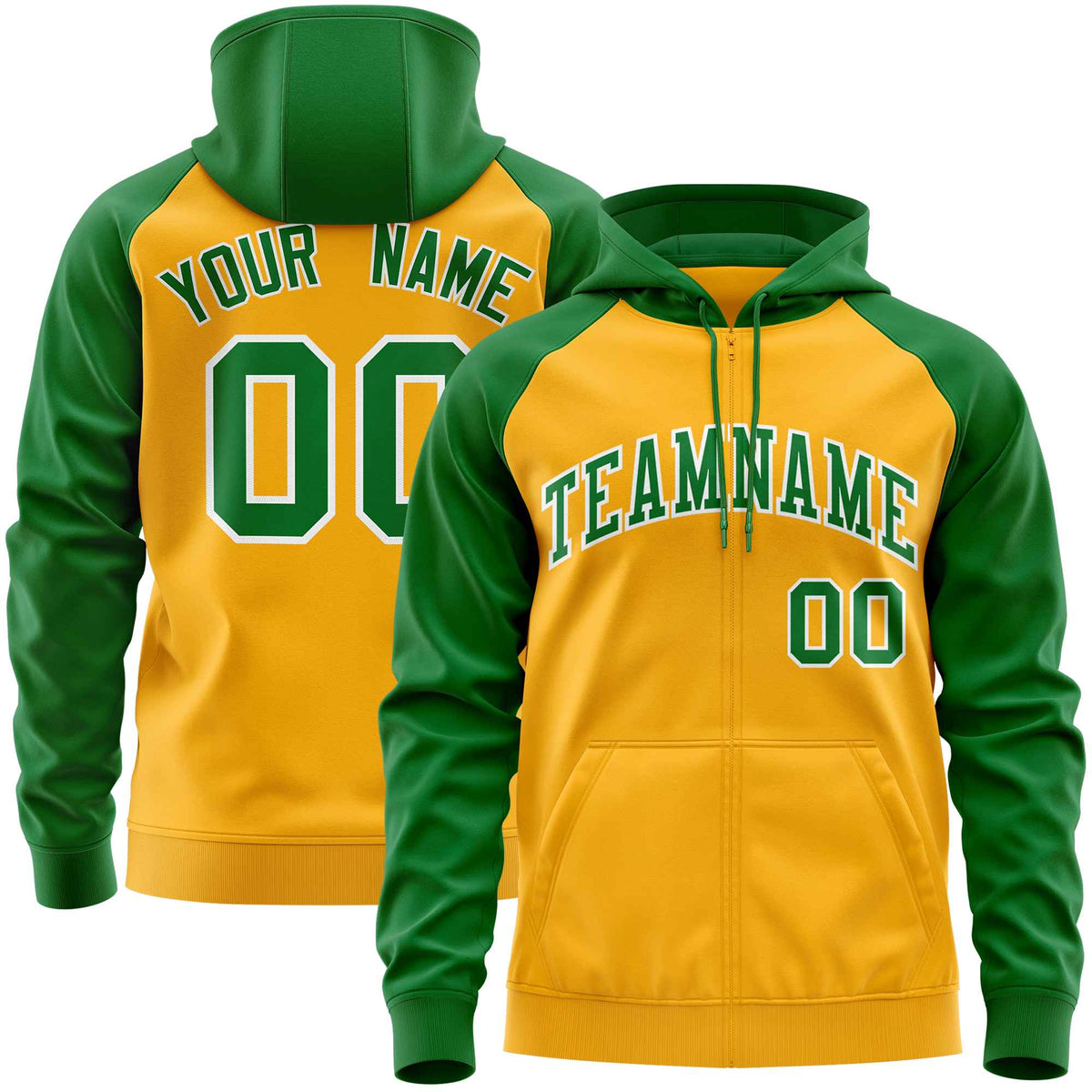 Custom Stitched Gold Kelly Green Raglan Sleeves Sports Full-Zip Sweatshirt Hoodie| KXKSHOP