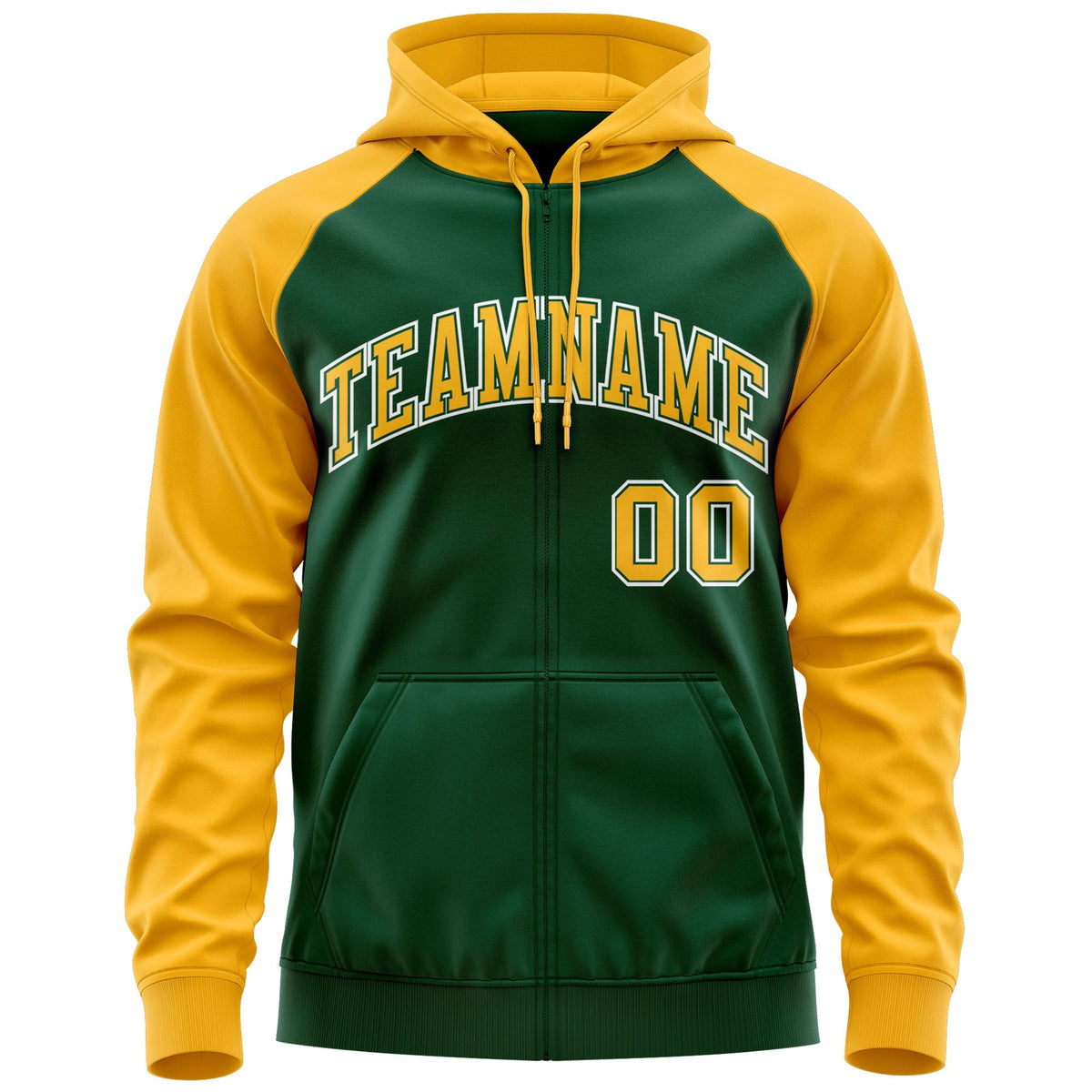 Custom Stitched Green Gold-White Raglan Sleeves Sports Full-Zip Sweatshirt Hoodie| KXKSHOP
