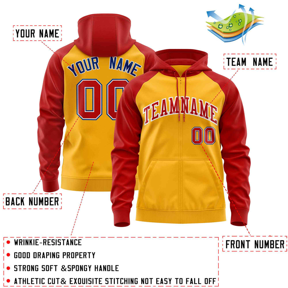 Custom Stitched Gold Red Raglan Sleeves Sports Full-Zip Sweatshirt Hoodie| KXKSHOP