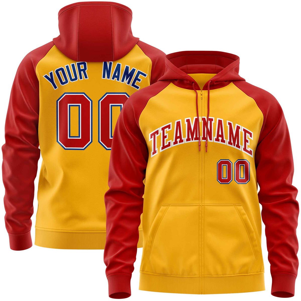 Custom Stitched Gold Red Raglan Sleeves Sports Full-Zip Sweatshirt Hoodie| KXKSHOP