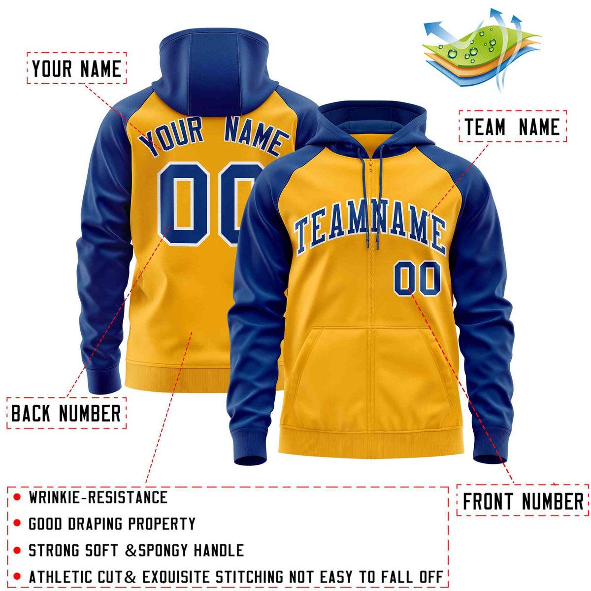 Custom Stitched Gold Royal Raglan Sleeves Sports Full-Zip Sweatshirt Hoodie| KXKSHOP