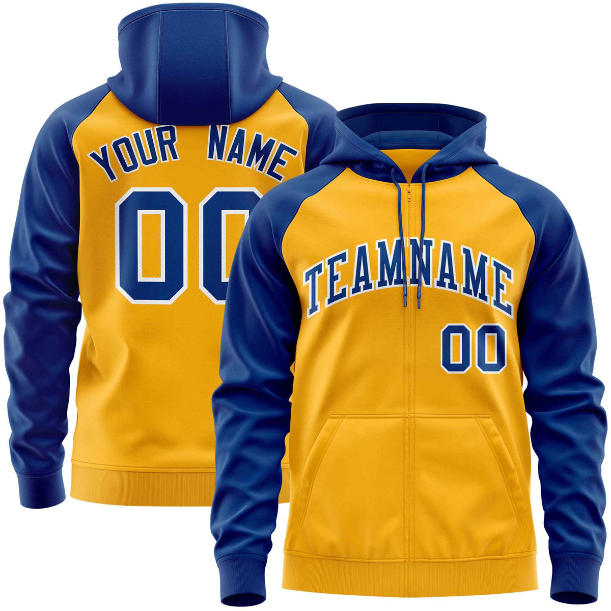 Custom Stitched Gold Royal Raglan Sleeves Sports Full-Zip Sweatshirt Hoodie| KXKSHOP