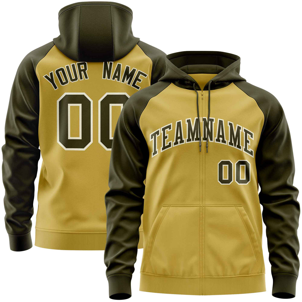Custom Stitched Old Gold Olive Raglan Sleeves Sports Full-Zip Sweatshirt Hoodie| KXKSHOP