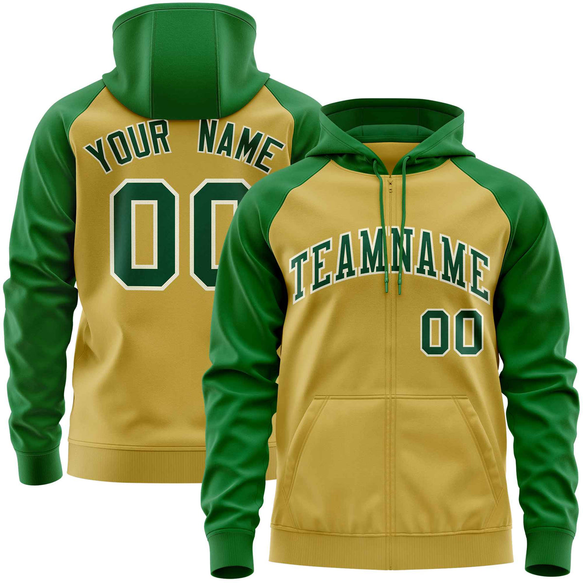 Custom Stitched Old Gold Kelly Green Raglan Sleeves Sports Full-Zip Sweatshirt Hoodie| KXKSHOP