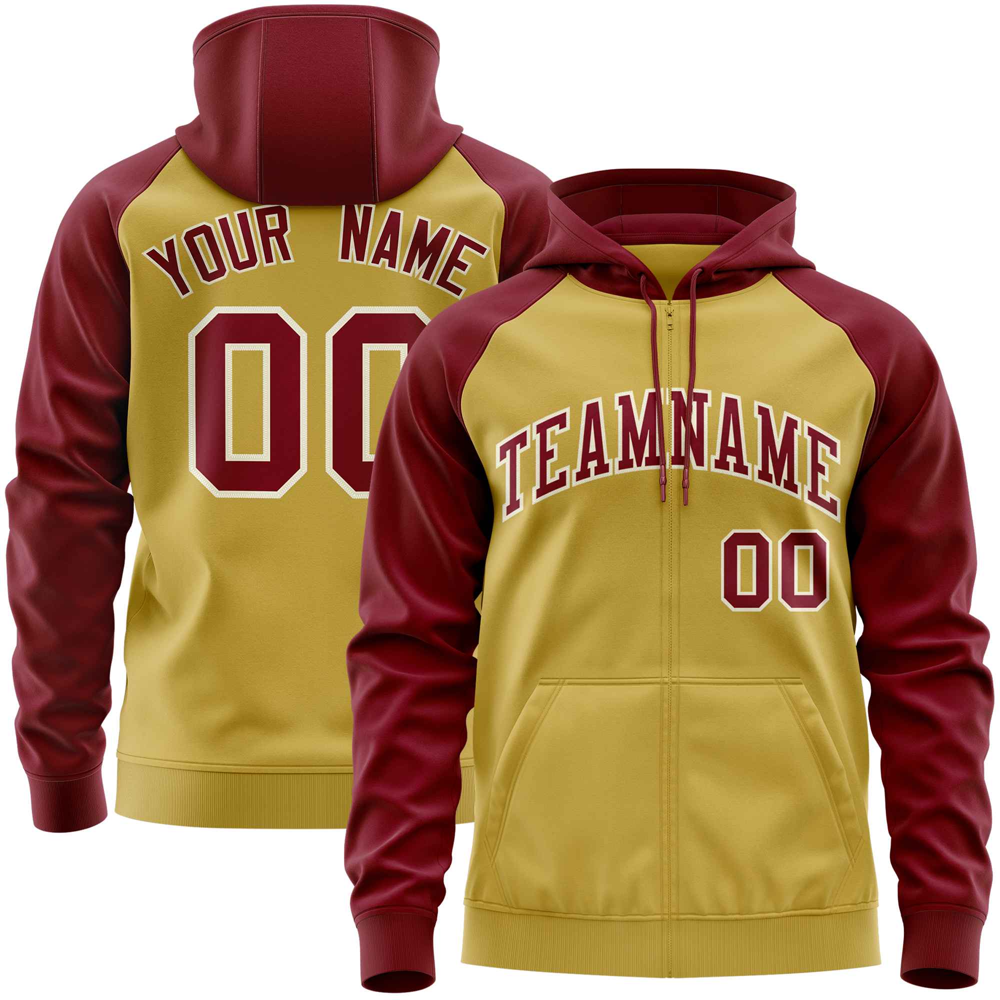 Custom Stitched Old Gold Crimson Raglan Sleeves Sports Full-Zip Sweatshirt Hoodie| KXKSHOP