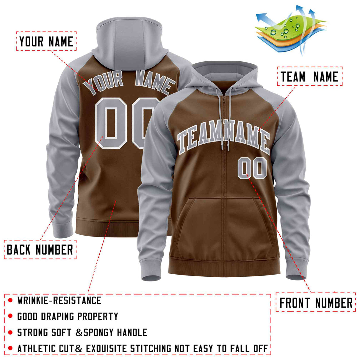 Custom Stitched Light Brown Light Gray Raglan Sleeves Sports Full-Zip Sweatshirt Hoodie| KXKSHOP