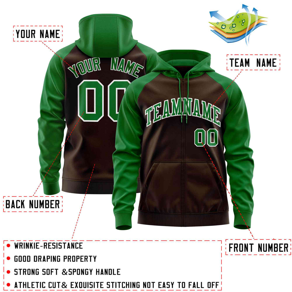 Custom Stitched Brown Kelly Green Raglan Sleeves Sports Full-Zip Sweatshirt Hoodie| KXKSHOP