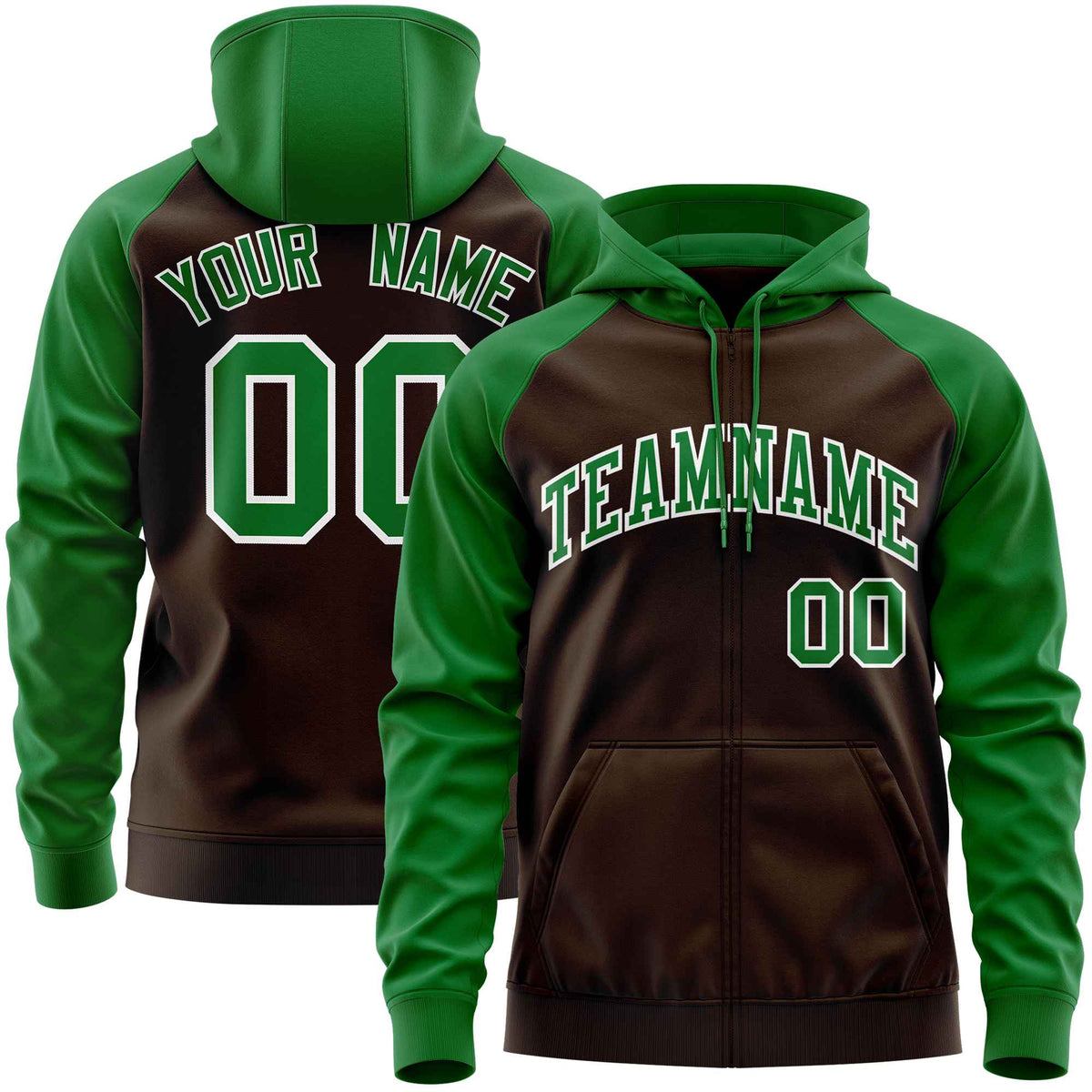 Custom Stitched Brown Kelly Green Raglan Sleeves Sports Full-Zip Sweatshirt Hoodie| KXKSHOP