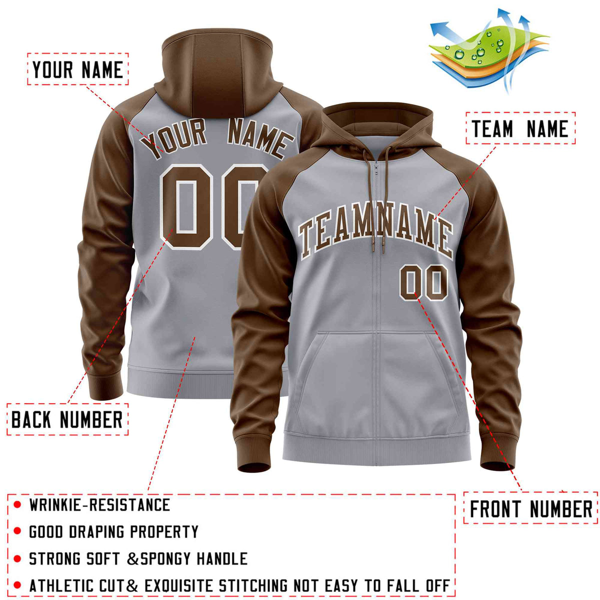 Custom Stitched Light Gray Light Brown Raglan Sleeves Sports Full-Zip Sweatshirt Hoodie| KXKSHOP