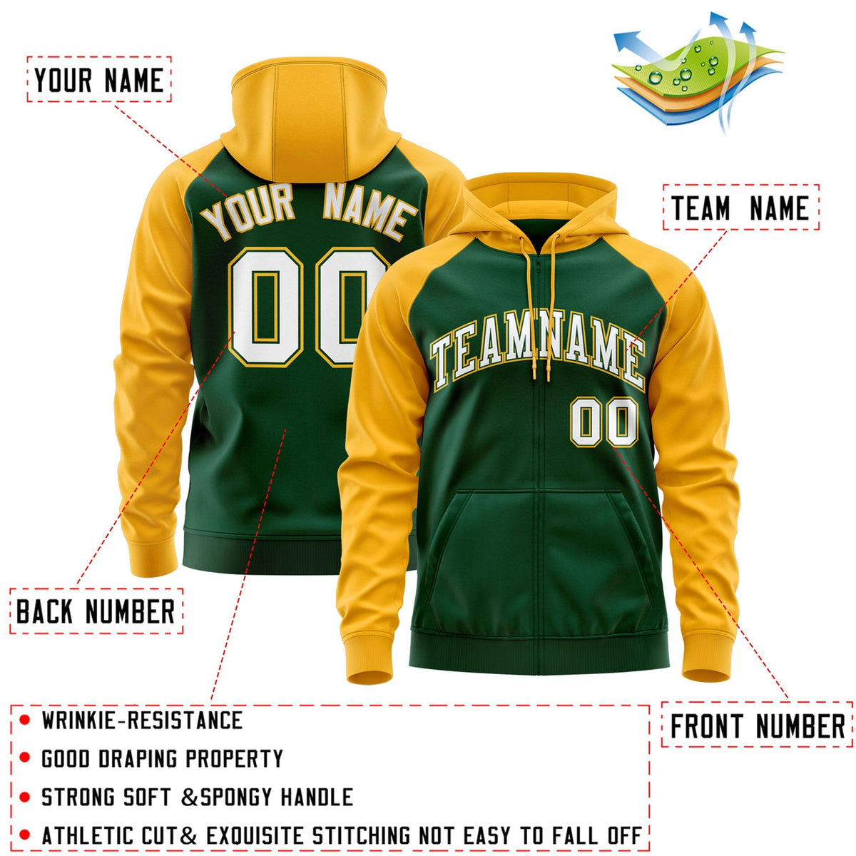 Custom Stitched Green White-Gold Raglan Sleeves Sports Full-Zip Sweatshirt Hoodie| KXKSHOP