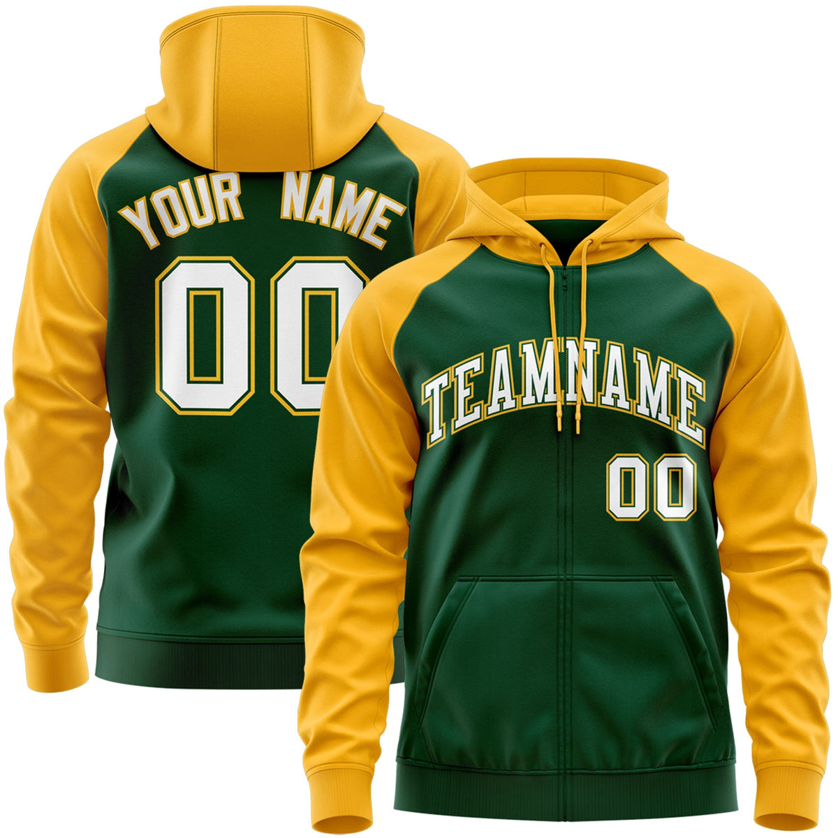 Custom Stitched Green White-Gold Raglan Sleeves Sports Full-Zip Sweatshirt Hoodie| KXKSHOP
