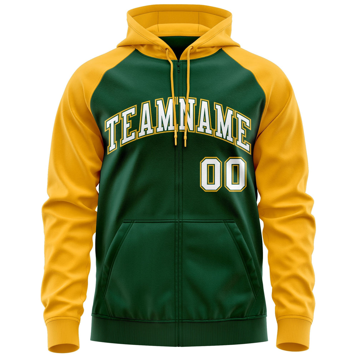 Custom Stitched Green White-Gold Raglan Sleeves Sports Full-Zip Sweatshirt Hoodie| KXKSHOP