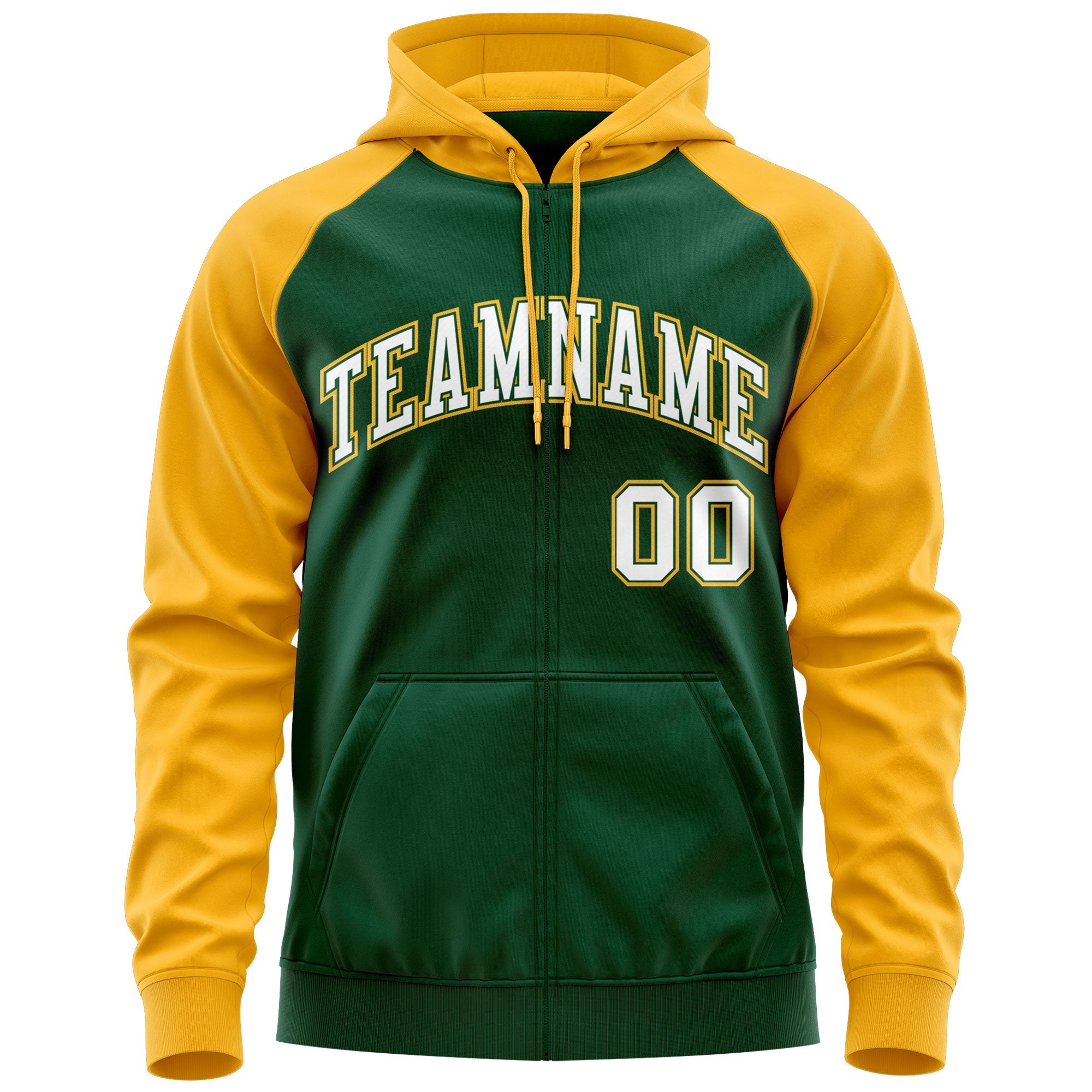 Custom Stitched Green White-Gold Raglan Sleeves Sports Full-Zip Sweatshirt Hoodie| KXKSHOP