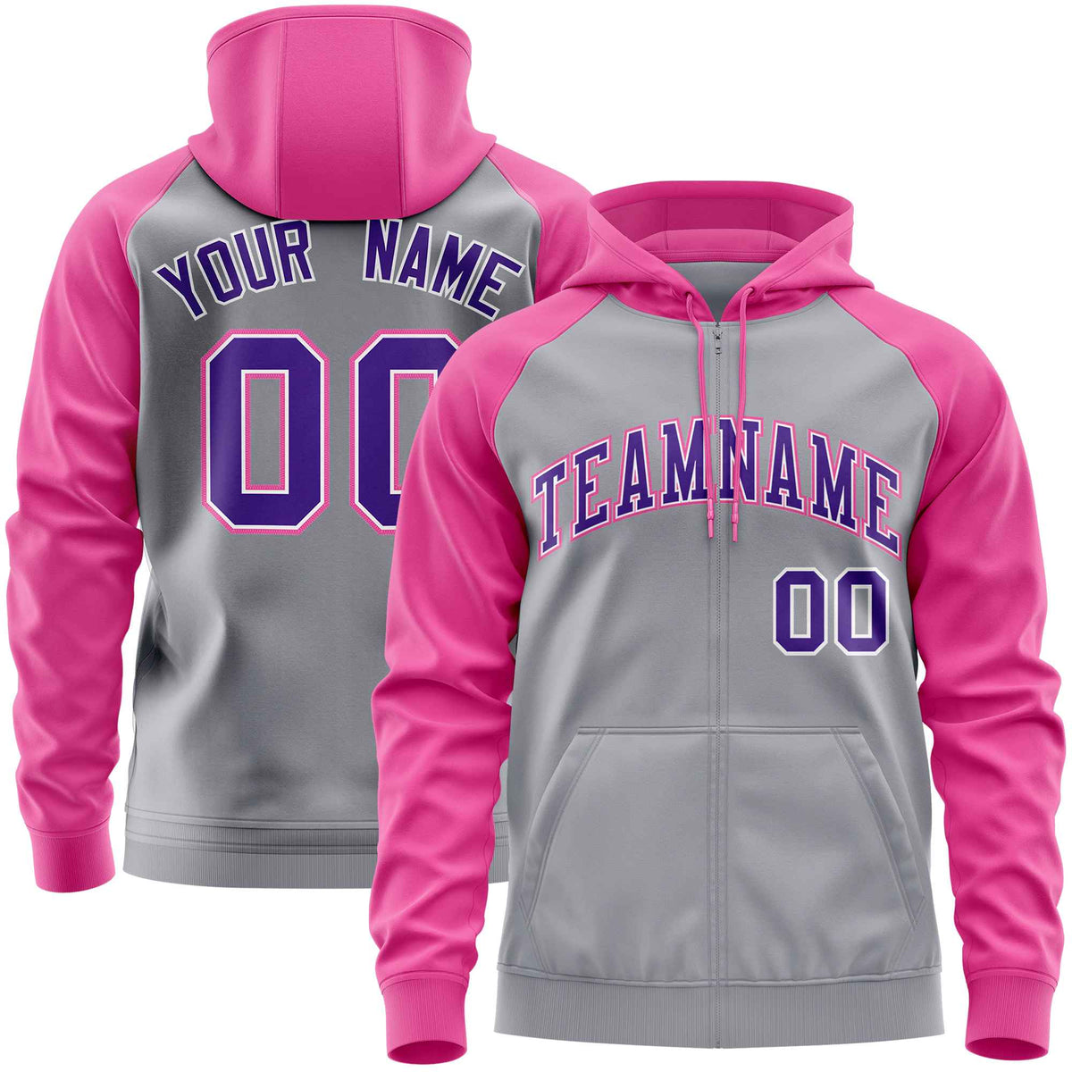 Custom Stitched Light Gray Pink-Purple Raglan Sleeves Sports Full-Zip Sweatshirt Hoodie| KXKSHOP