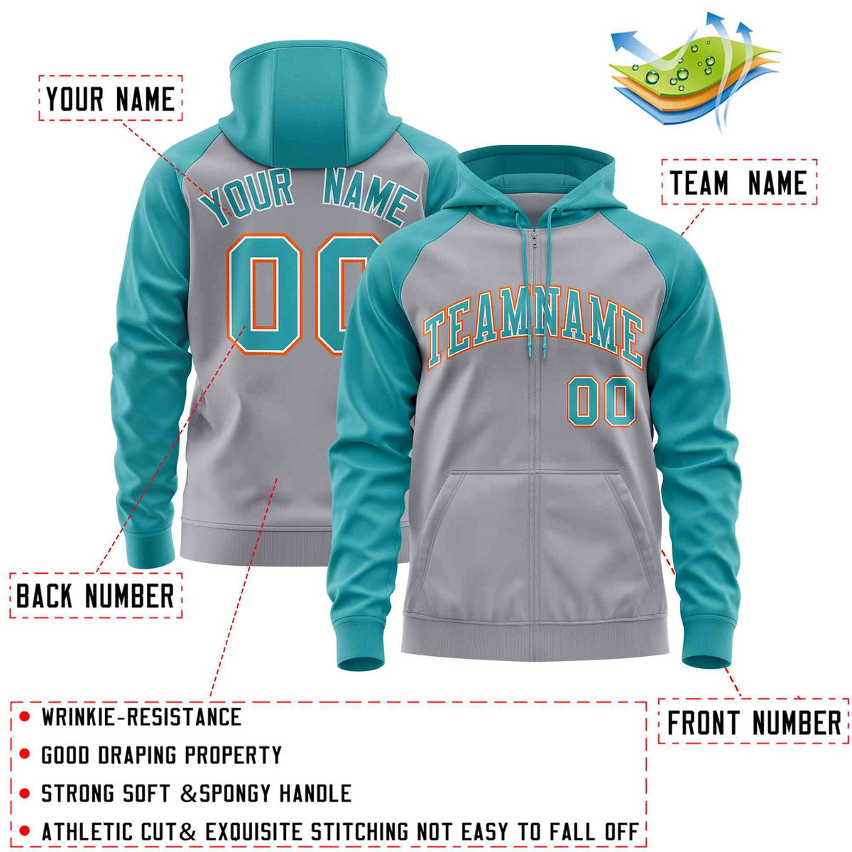 Custom Stitched Light Gray Aqua Raglan Sleeves Sports Full-Zip Sweatshirt Hoodie| KXKSHOP