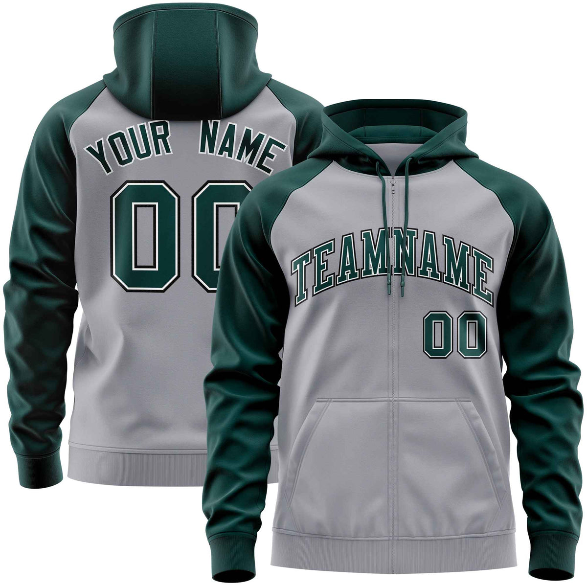 Custom Stitched Light Gray Midnight Green Raglan Sleeves Sports Full-Zip Sweatshirt Hoodie| KXKSHOP