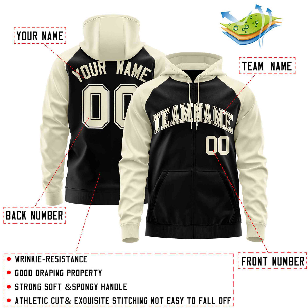 Custom Stitched Black Cream Raglan Sleeves Sports Full-Zip Sweatshirt Hoodie| KXKSHOP