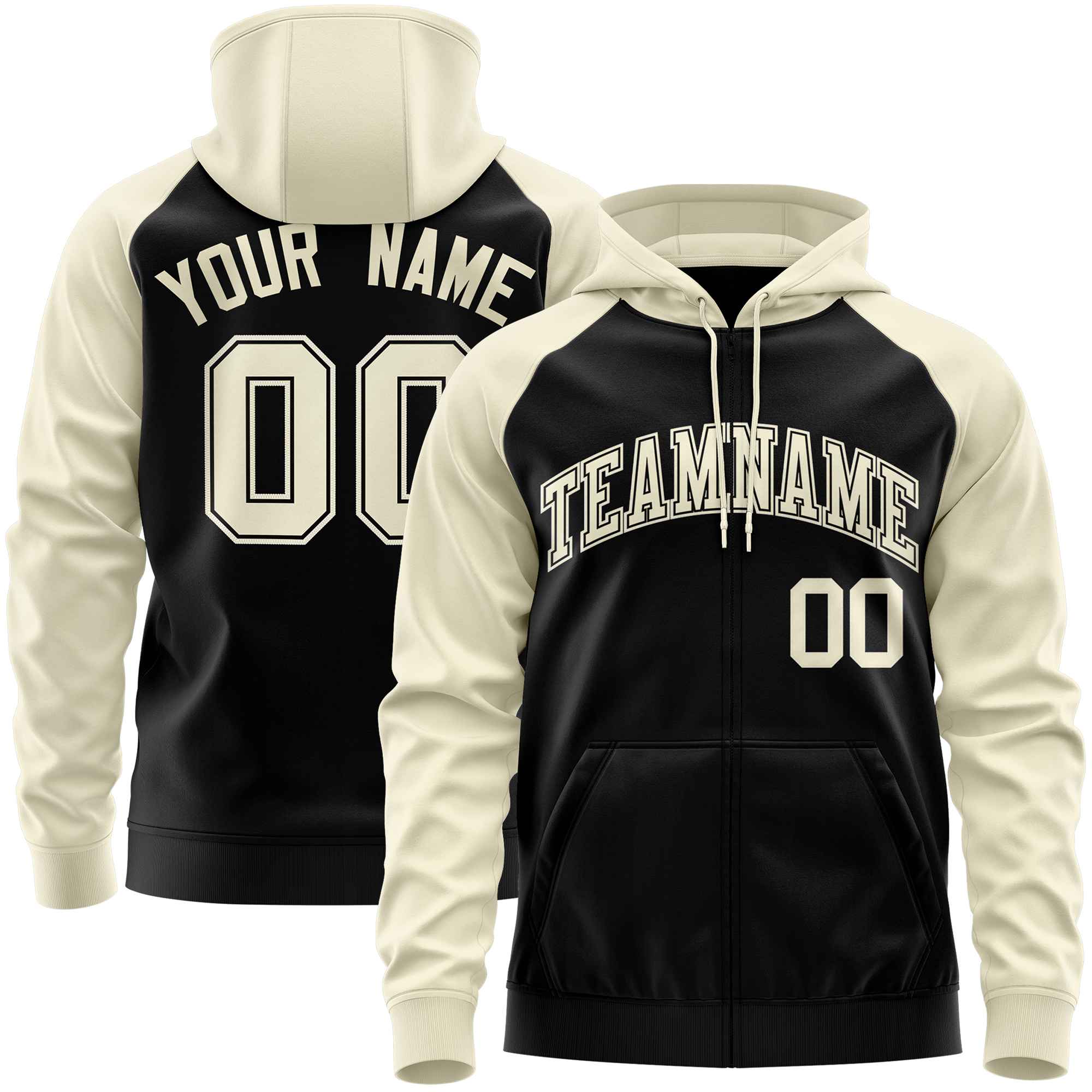 Custom Stitched Black Cream Raglan Sleeves Sports Full-Zip Sweatshirt Hoodie| KXKSHOP