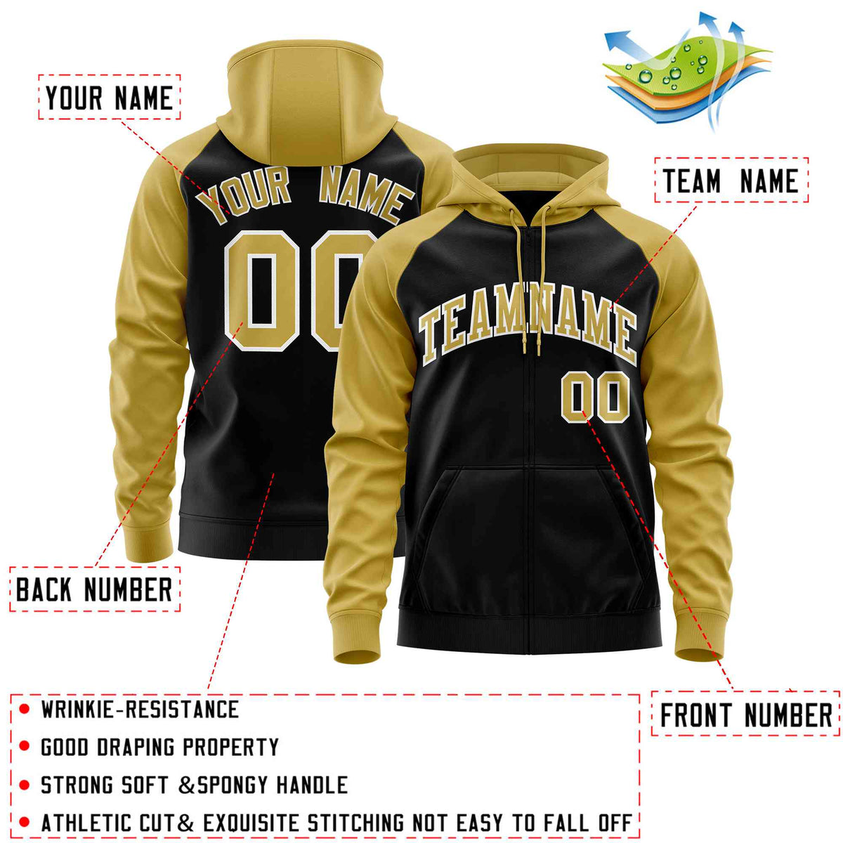 Custom Stitched Black Old Gold Raglan Sleeves Sports Full-Zip Sweatshirt Hoodie| KXKSHOP