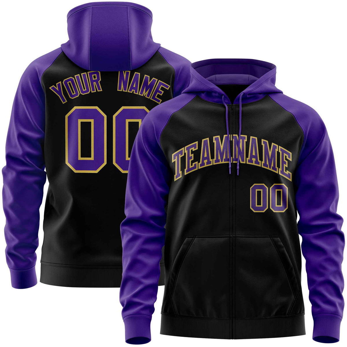 Custom Stitched Black Purple Raglan Sleeves Sports Full-Zip Sweatshirt Hoodie| KXKSHOP