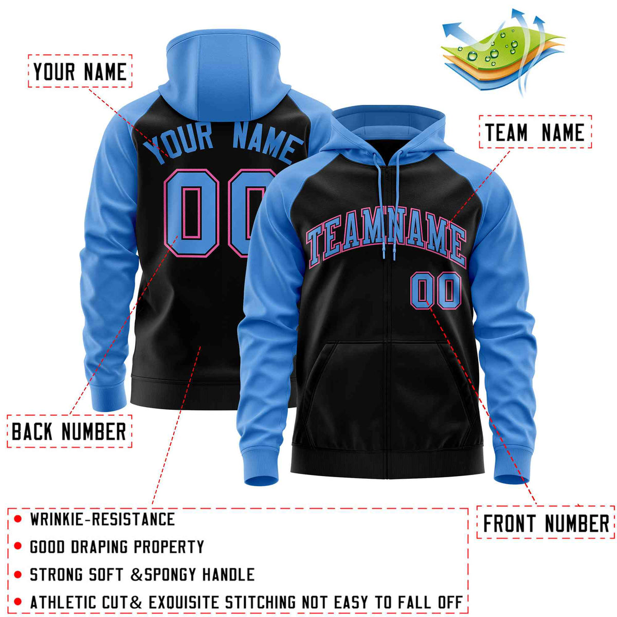 Custom Stitched Black Powder Blue Raglan Sleeves Sports Full-Zip Sweatshirt Hoodie| KXKSHOP