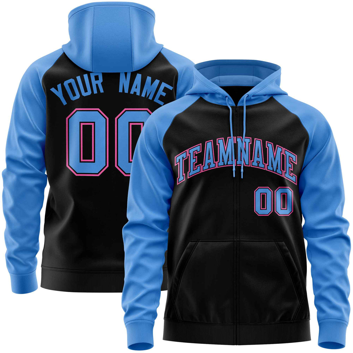 Custom Stitched Black Powder Blue Raglan Sleeves Sports Full-Zip Sweatshirt Hoodie| KXKSHOP