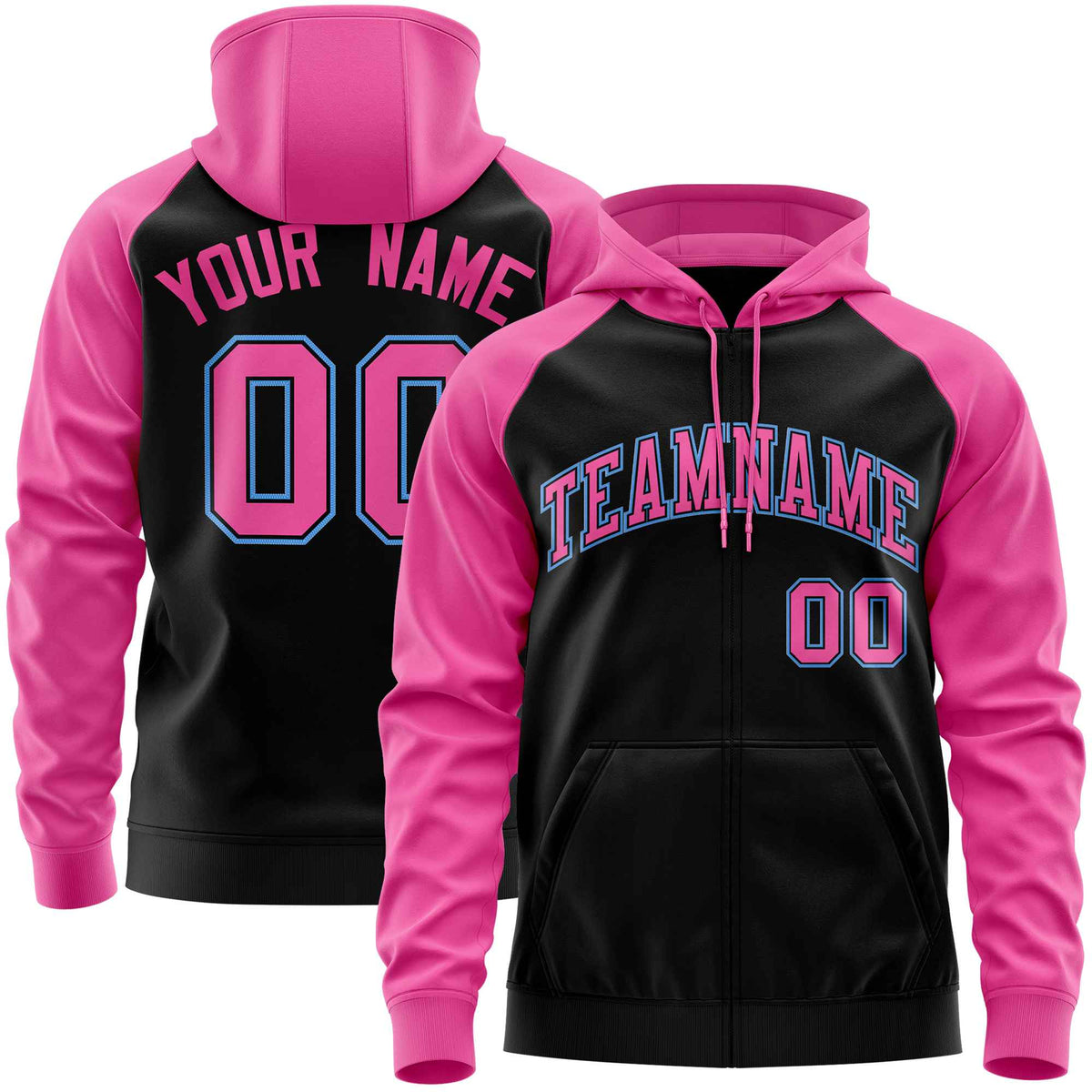 Custom Stitched Black Pink Raglan Sleeves Sports Full-Zip Sweatshirt Hoodie| KXKSHOP