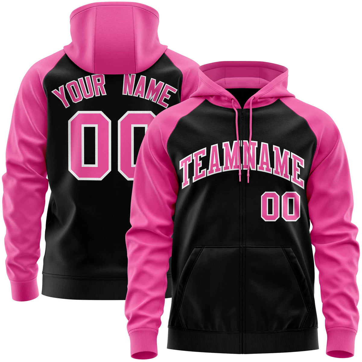 Custom Stitched Black Pink Raglan Sleeves Sports Full-Zip Sweatshirt Hoodie| KXKSHOP