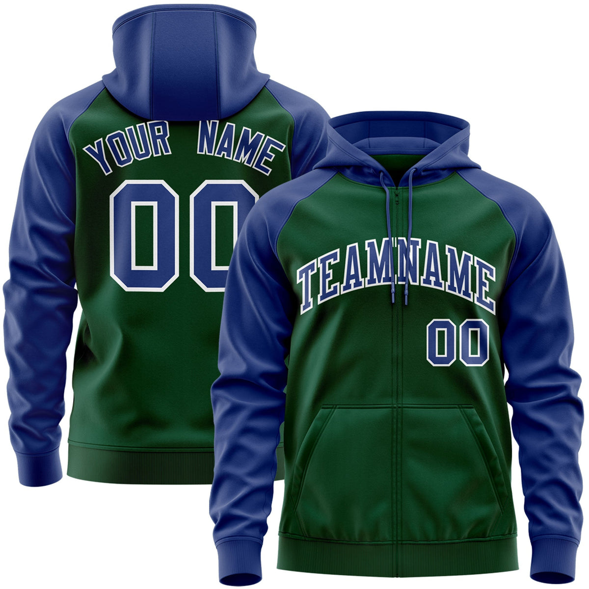 Custom Stitched Green Royal-White Raglan Sleeves Sports Full-Zip Sweatshirt Hoodie| KXKSHOP