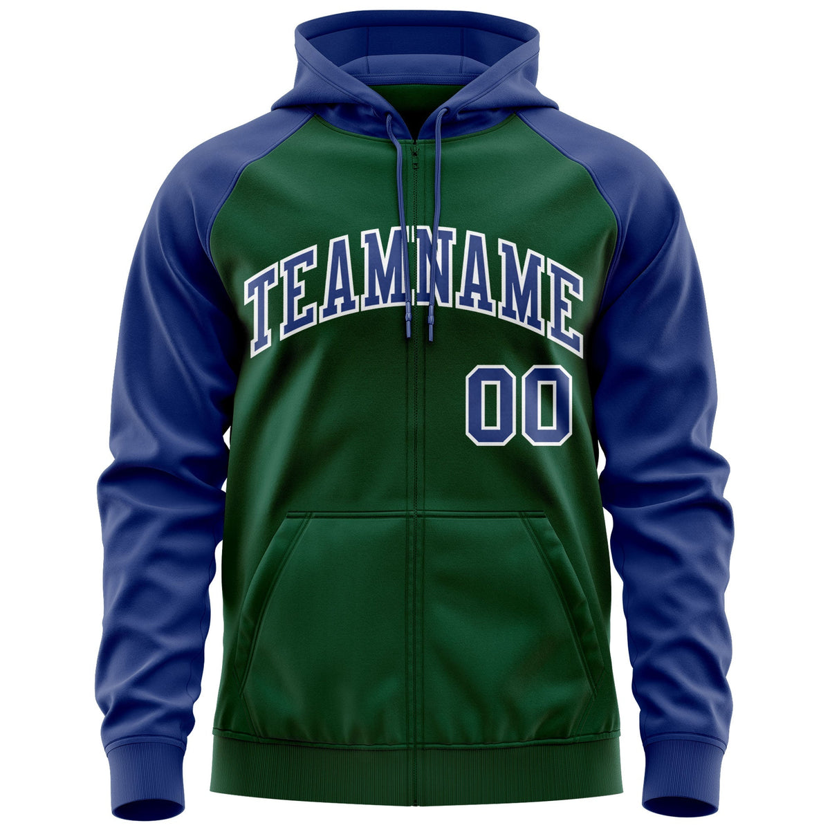 Custom Stitched Green Royal-White Raglan Sleeves Sports Full-Zip Sweatshirt Hoodie| KXKSHOP