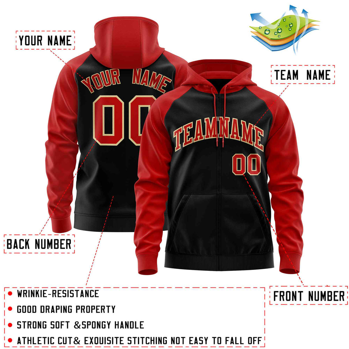 Custom Stitched Black Red Raglan Sleeves Sports Full-Zip Sweatshirt Hoodie| KXKSHOP
