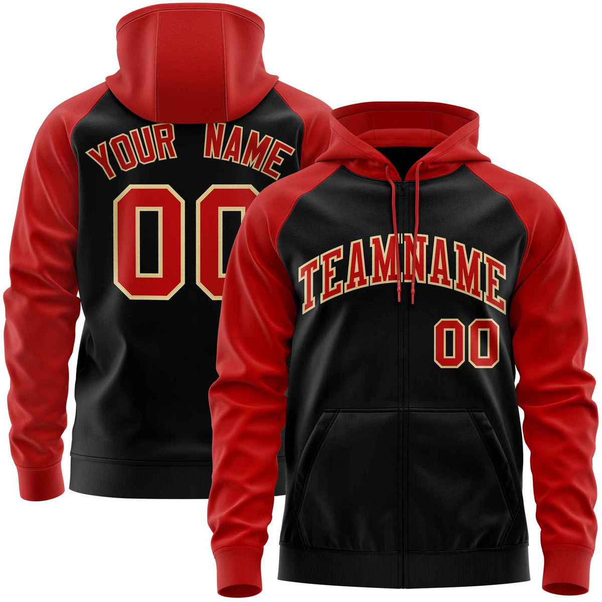 Custom Stitched Black Red Raglan Sleeves Sports Full-Zip Sweatshirt Hoodie| KXKSHOP