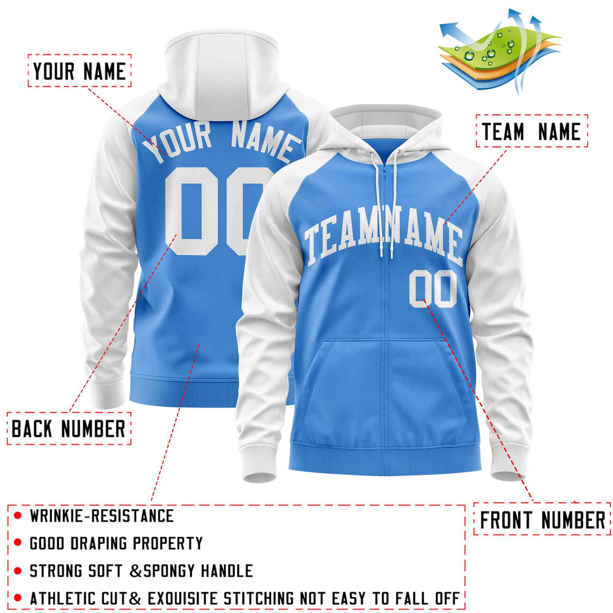 Custom Stitched Powder Blue White Raglan Sleeves Sports Full-Zip Sweatshirt Hoodie| KXKSHOP