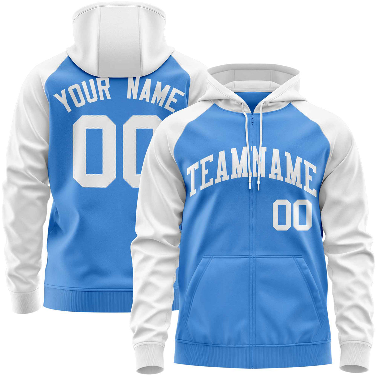 Custom Stitched Powder Blue White Raglan Sleeves Sports Full-Zip Sweatshirt Hoodie| KXKSHOP