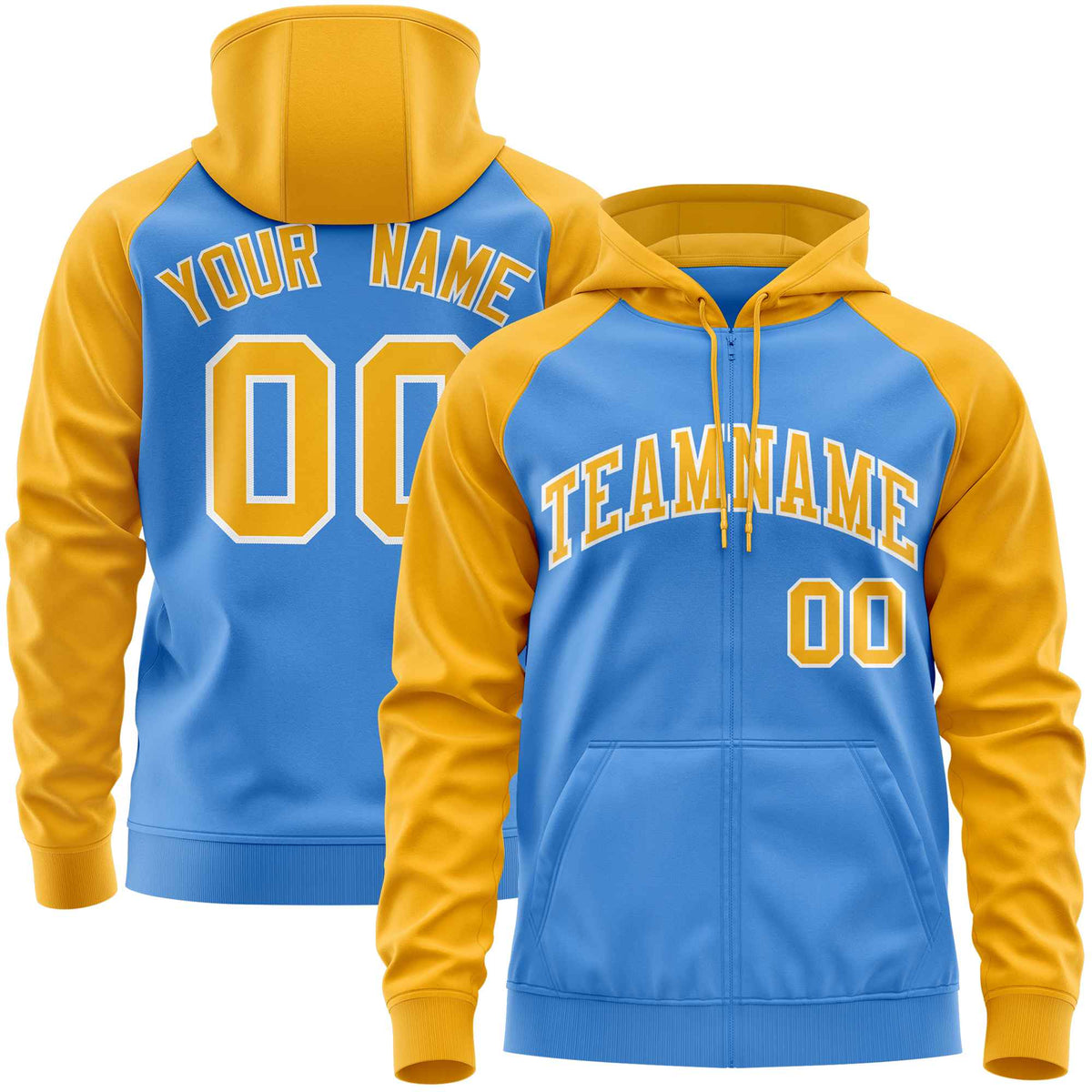 Custom Stitched Powder Blue Gold Raglan Sleeves Sports Full-Zip Sweatshirt Hoodie| KXKSHOP