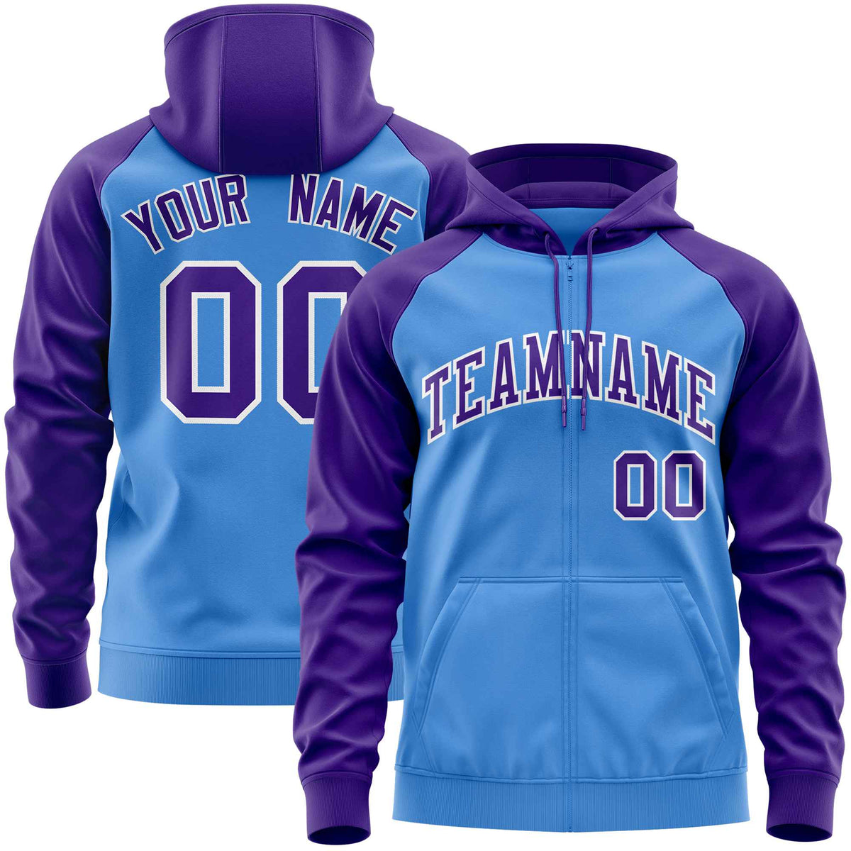 Custom Stitched Powder Blue Purple Raglan Sleeves Sports Full-Zip Sweatshirt Hoodie| KXKSHOP