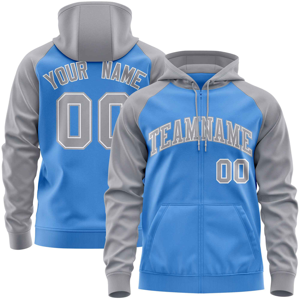 Custom Stitched Powder Blue Light Gray Raglan Sleeves Sports Full-Zip Sweatshirt Hoodie| KXKSHOP