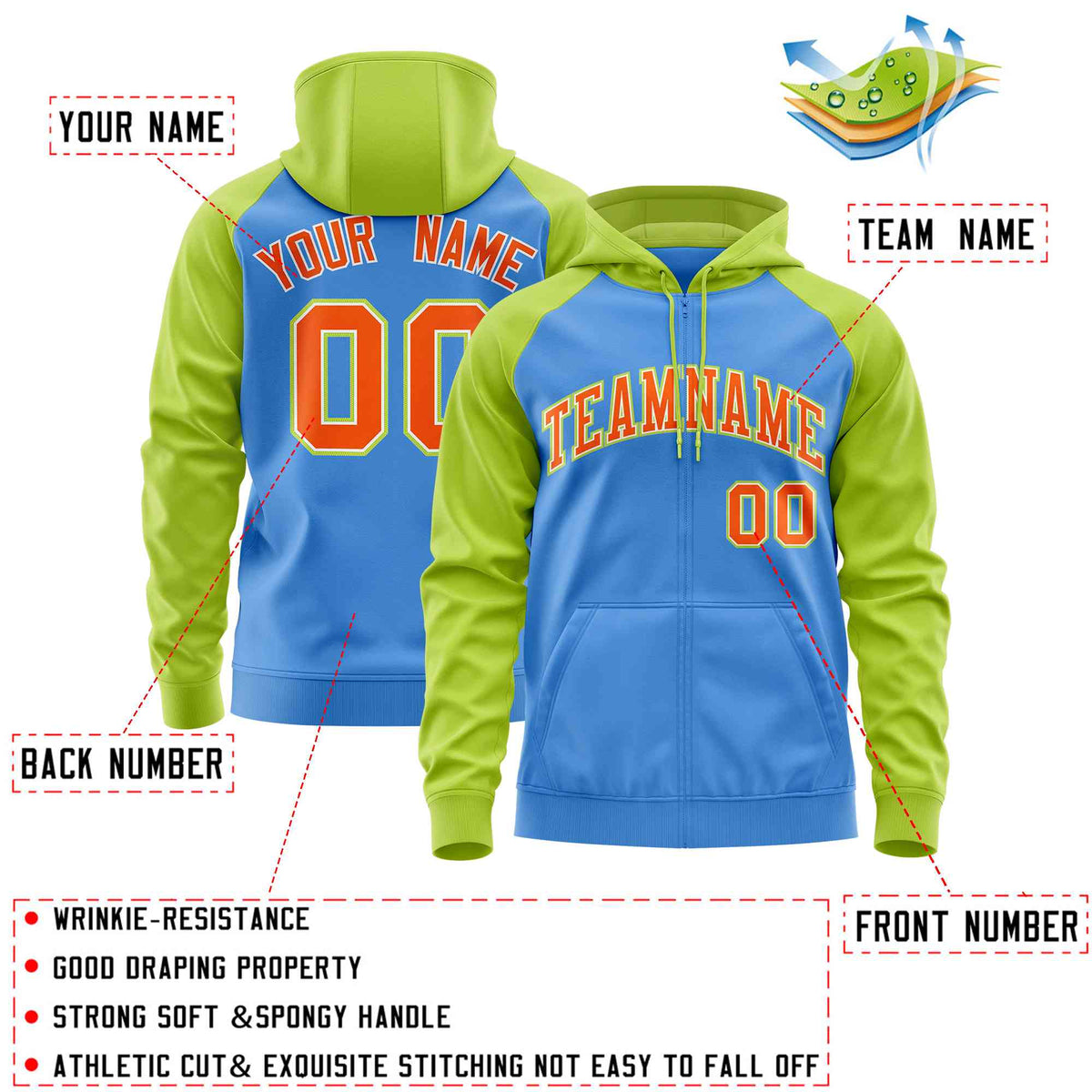 Custom Stitched Powder Blue Neon Green-Orange Raglan Sleeves Sports Full-Zip Sweatshirt Hoodie| KXKSHOP