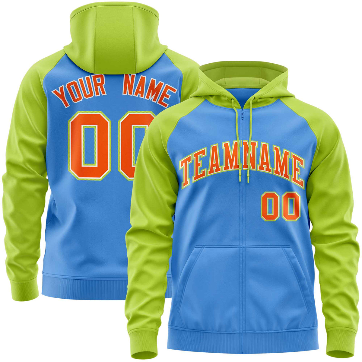 Custom Stitched Powder Blue Neon Green-Orange Raglan Sleeves Sports Full-Zip Sweatshirt Hoodie| KXKSHOP