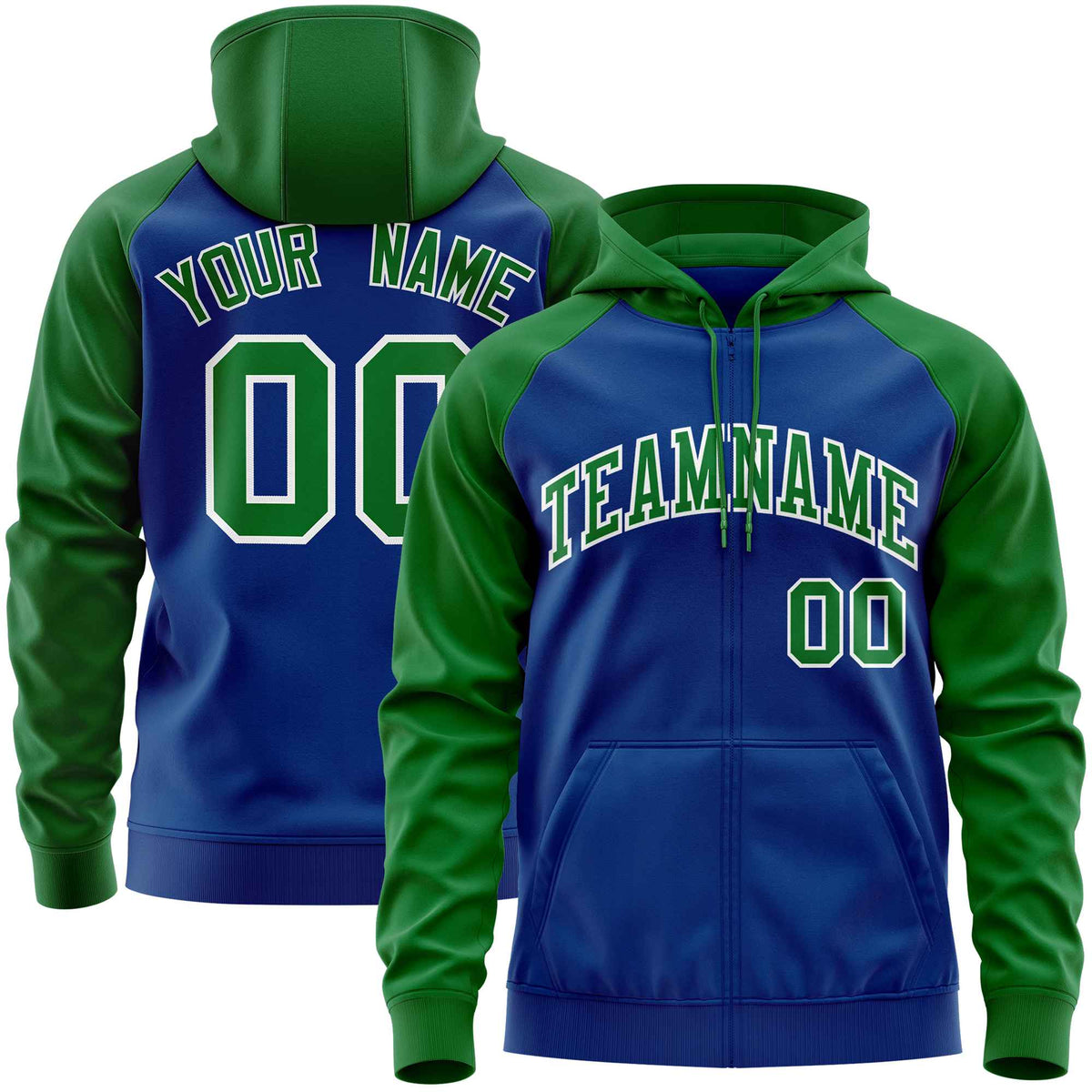 Custom Stitched Royal Kelly Green Raglan Sleeves Sports Full-Zip Sweatshirt Hoodie| KXKSHOP