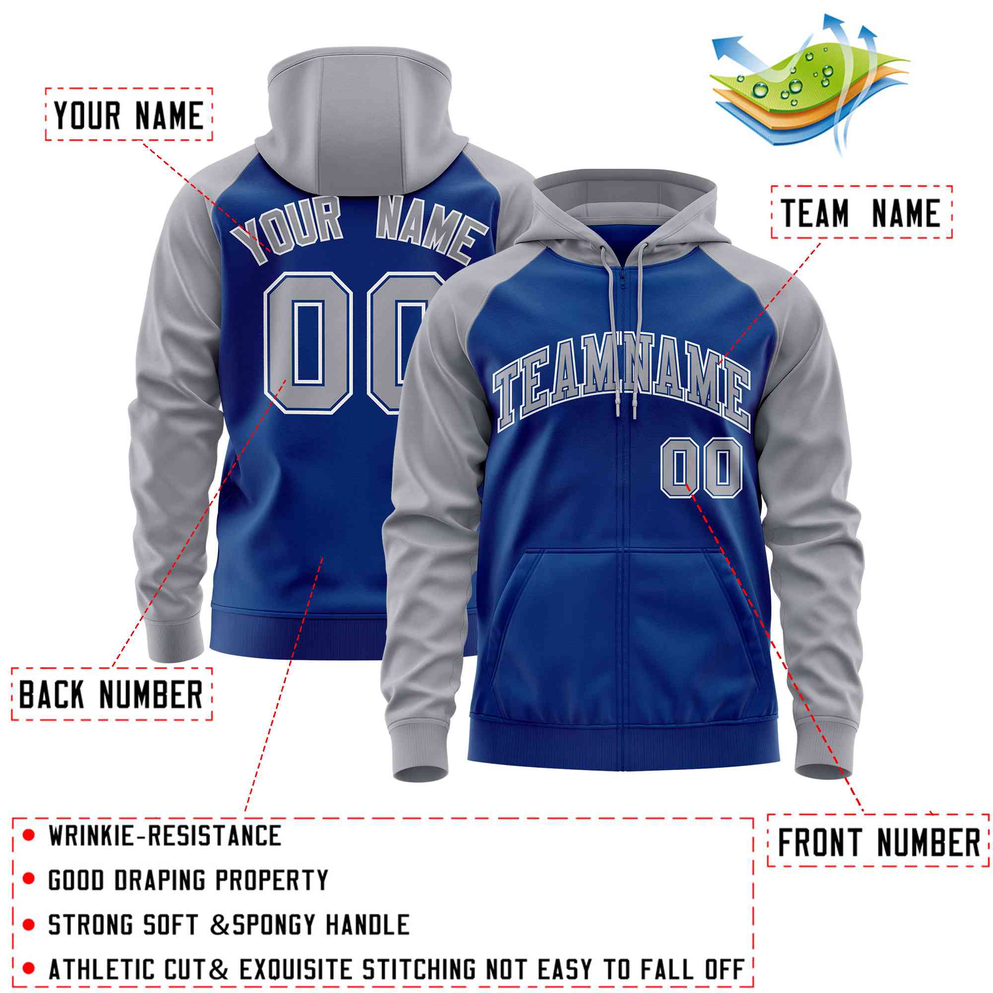 Custom Stitched Royal Light Gray Raglan Sleeves Sports Full-Zip Sweatshirt Hoodie| KXKSHOP