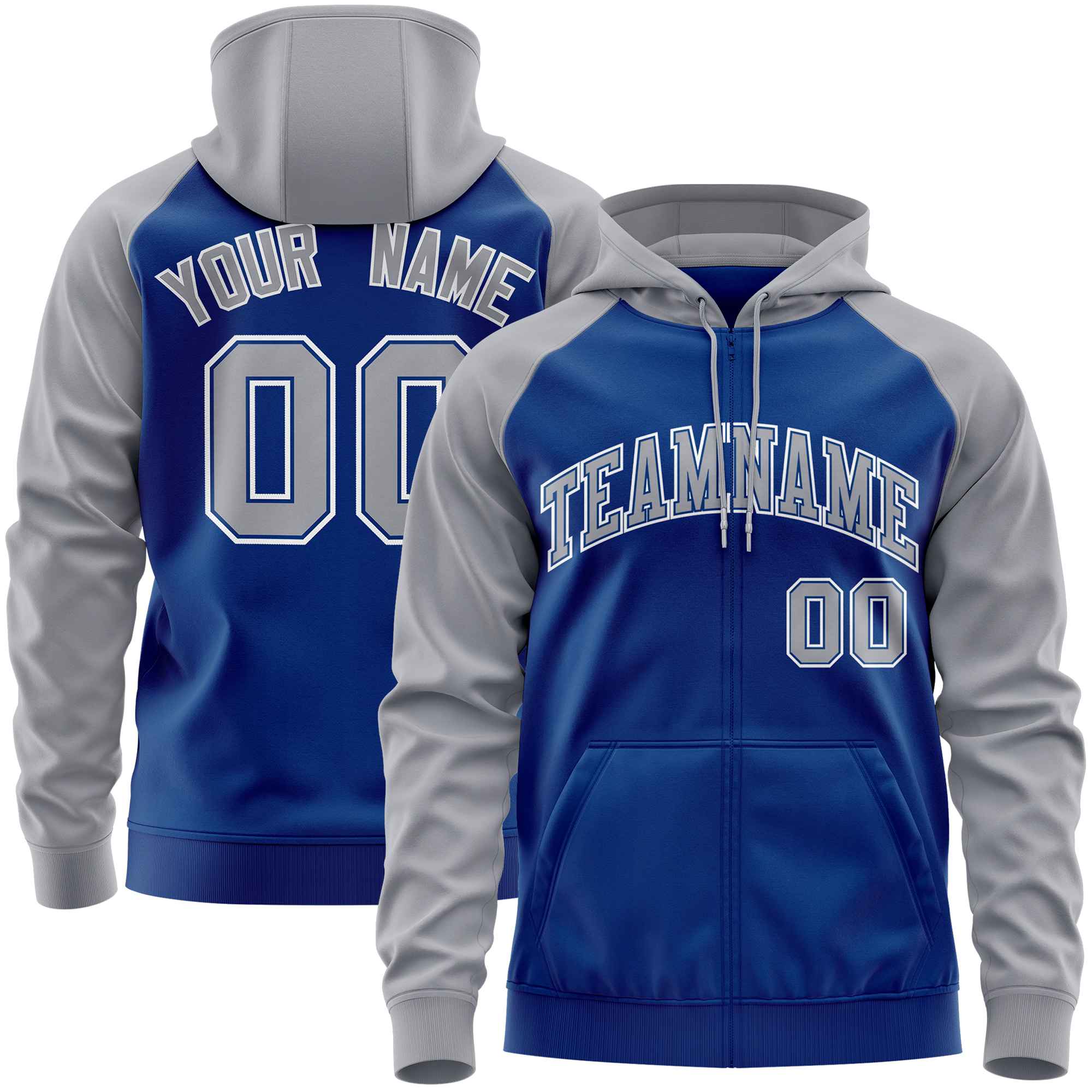 Custom Stitched Royal Light Gray Raglan Sleeves Sports Full-Zip Sweatshirt Hoodie| KXKSHOP
