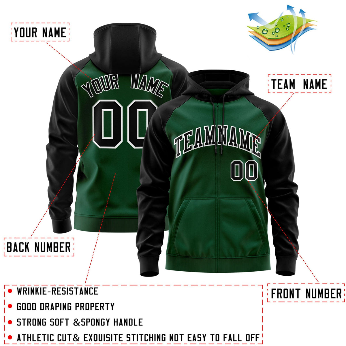 Custom Stitched Green Black-White Raglan Sleeves Sports Full-Zip Sweatshirt Hoodie| KXKSHOP