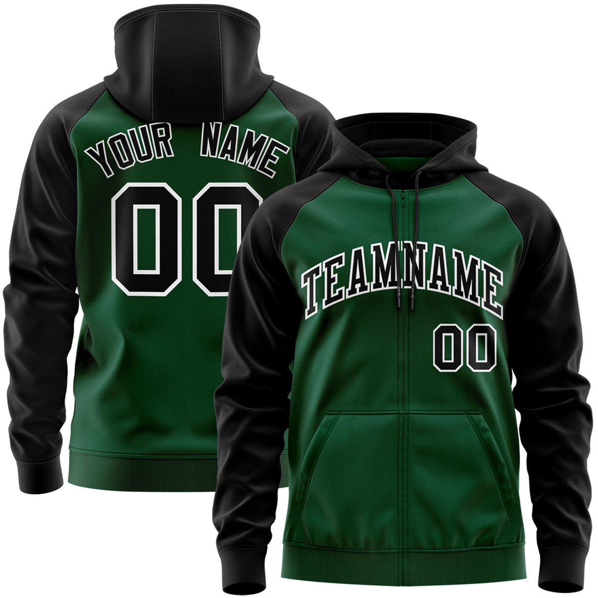 Custom Stitched Green Black-White Raglan Sleeves Sports Full-Zip Sweatshirt Hoodie| KXKSHOP
