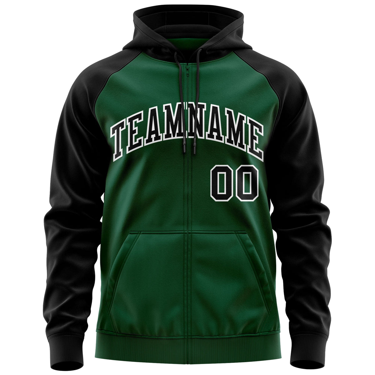 Custom Stitched Green Black-White Raglan Sleeves Sports Full-Zip Sweatshirt Hoodie| KXKSHOP
