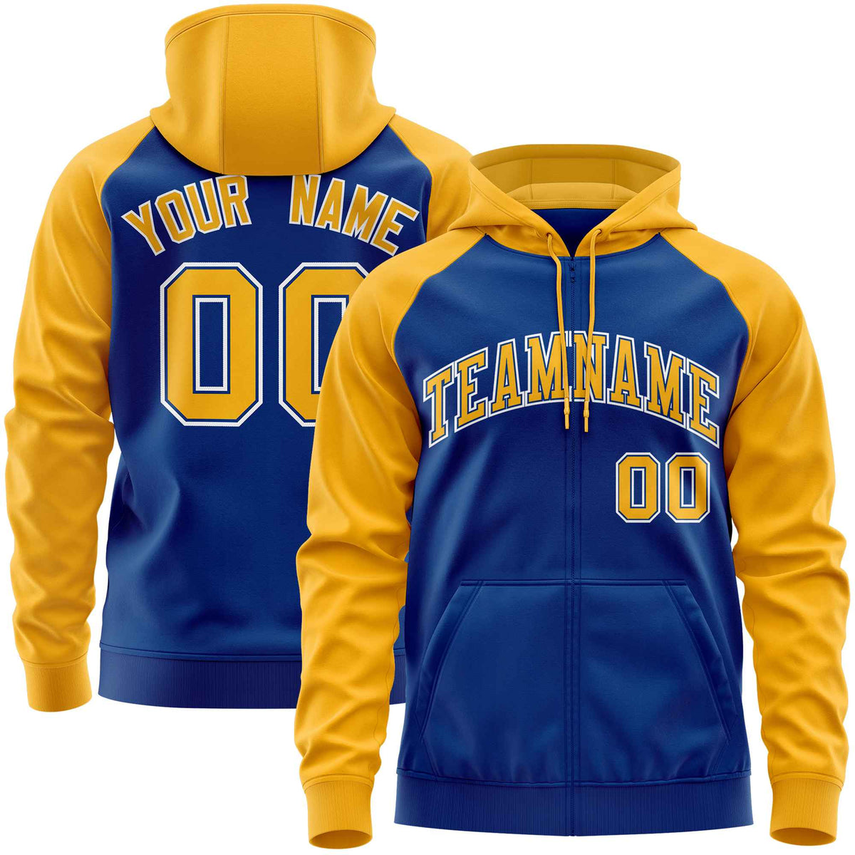 Custom Stitched Royal Gold Raglan Sleeves Sports Full-Zip Sweatshirt Hoodie| KXKSHOP