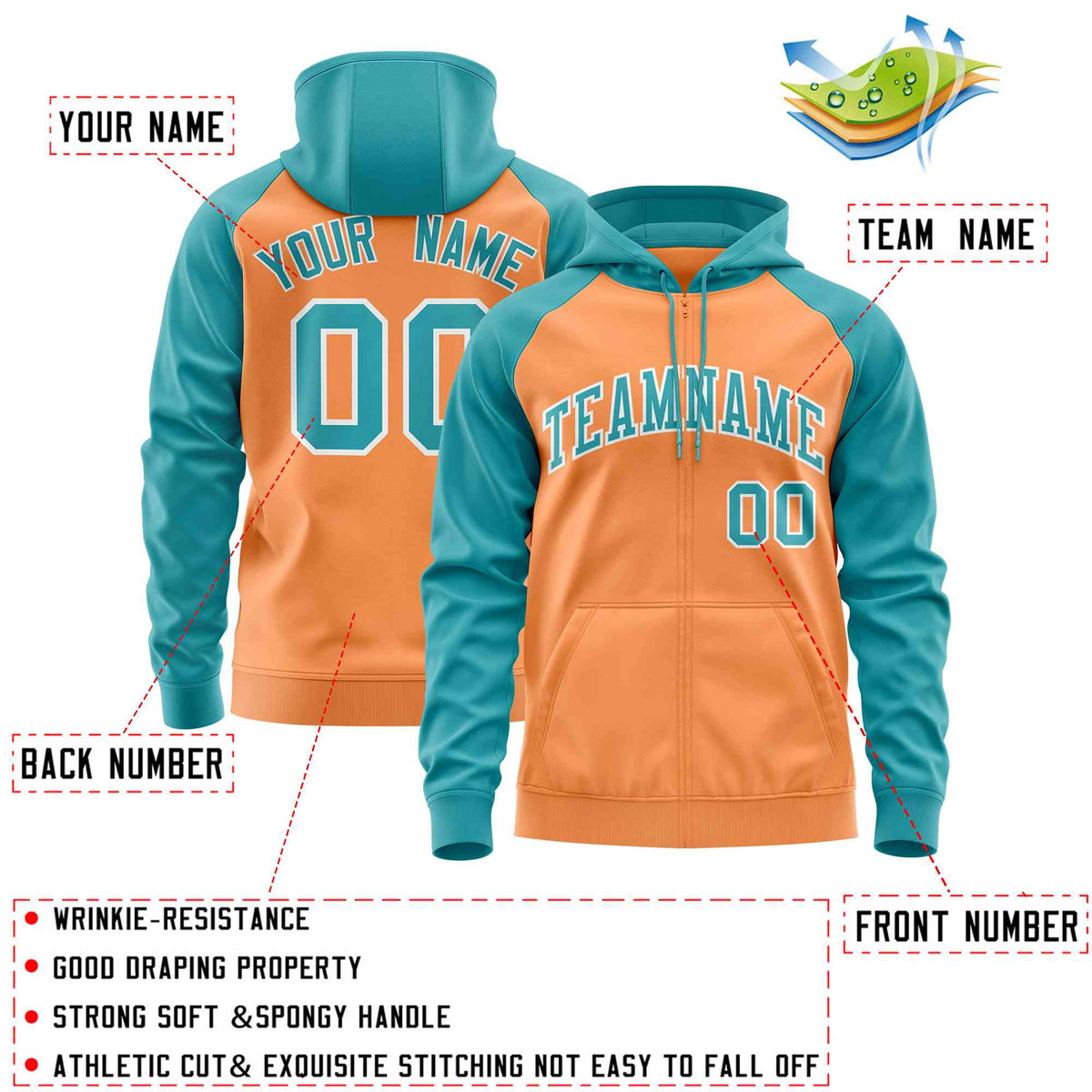 Custom Stitched Light Orange Aqua Raglan Sleeves Sports Full-Zip Sweatshirt Hoodie| KXKSHOP