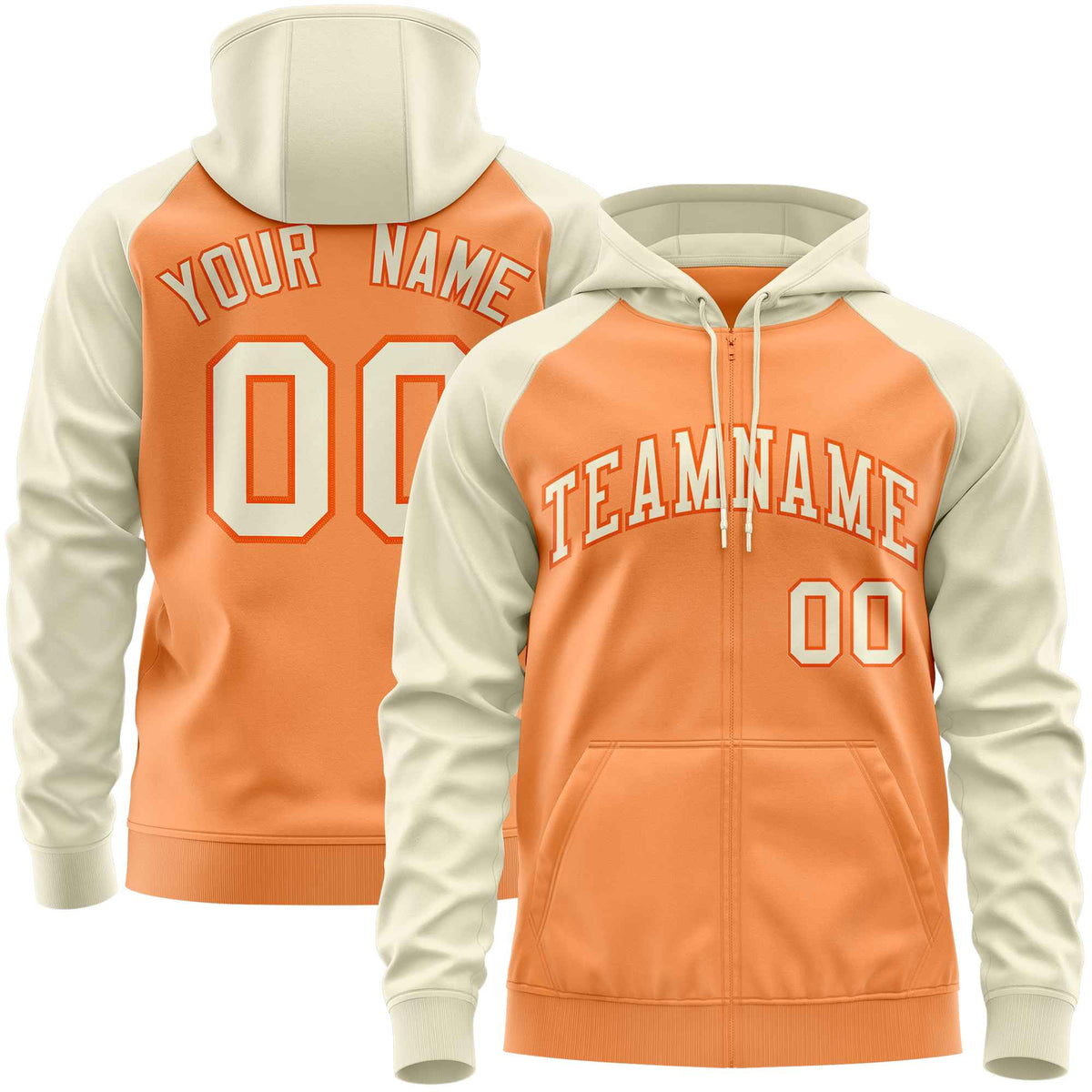 Custom Stitched Light Orange Cream Raglan Sleeves Sports Full-Zip Sweatshirt Hoodie| KXKSHOP