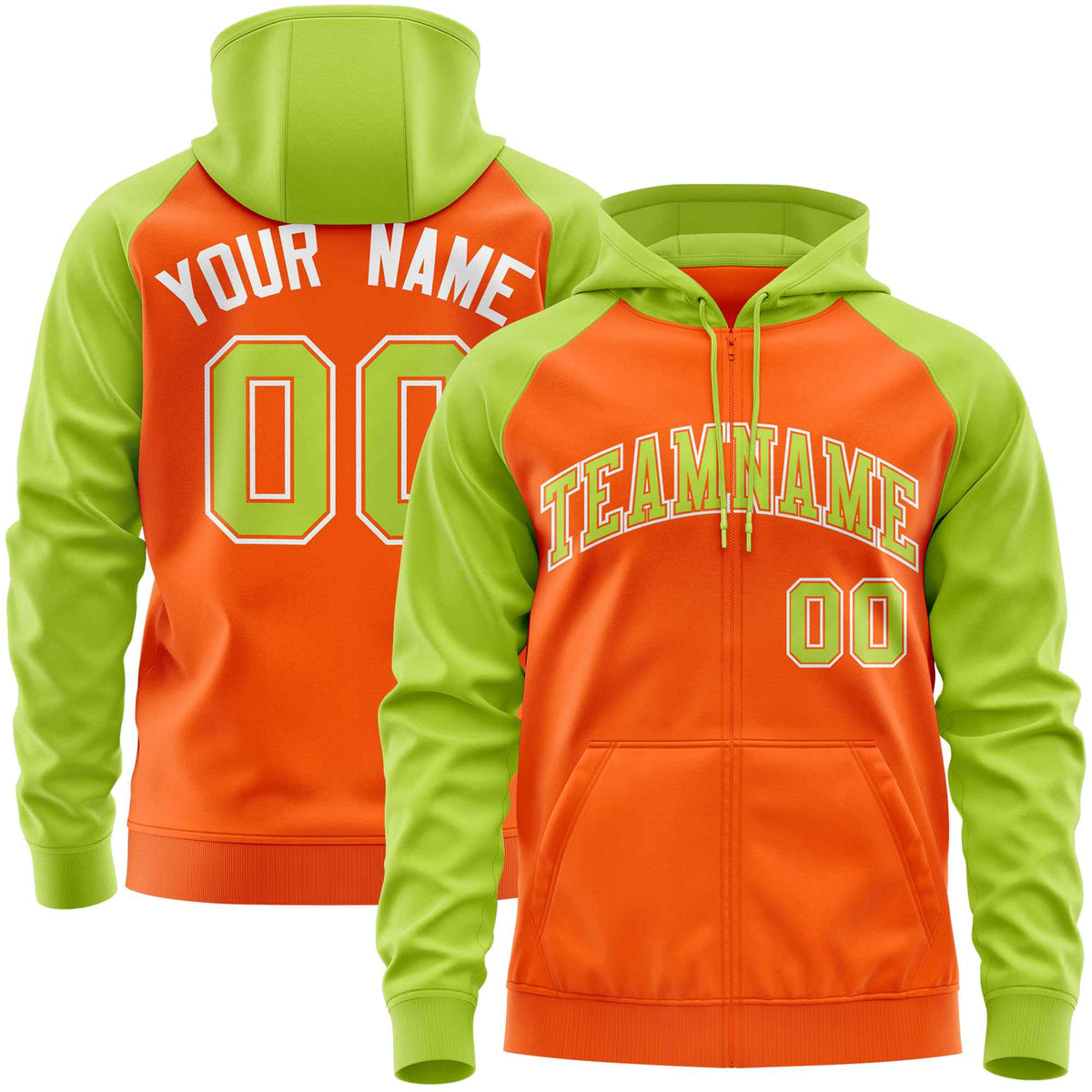 Custom Stitched Orange Neon Green Raglan Sleeves Sports Full-Zip Sweatshirt Hoodie| KXKSHOP